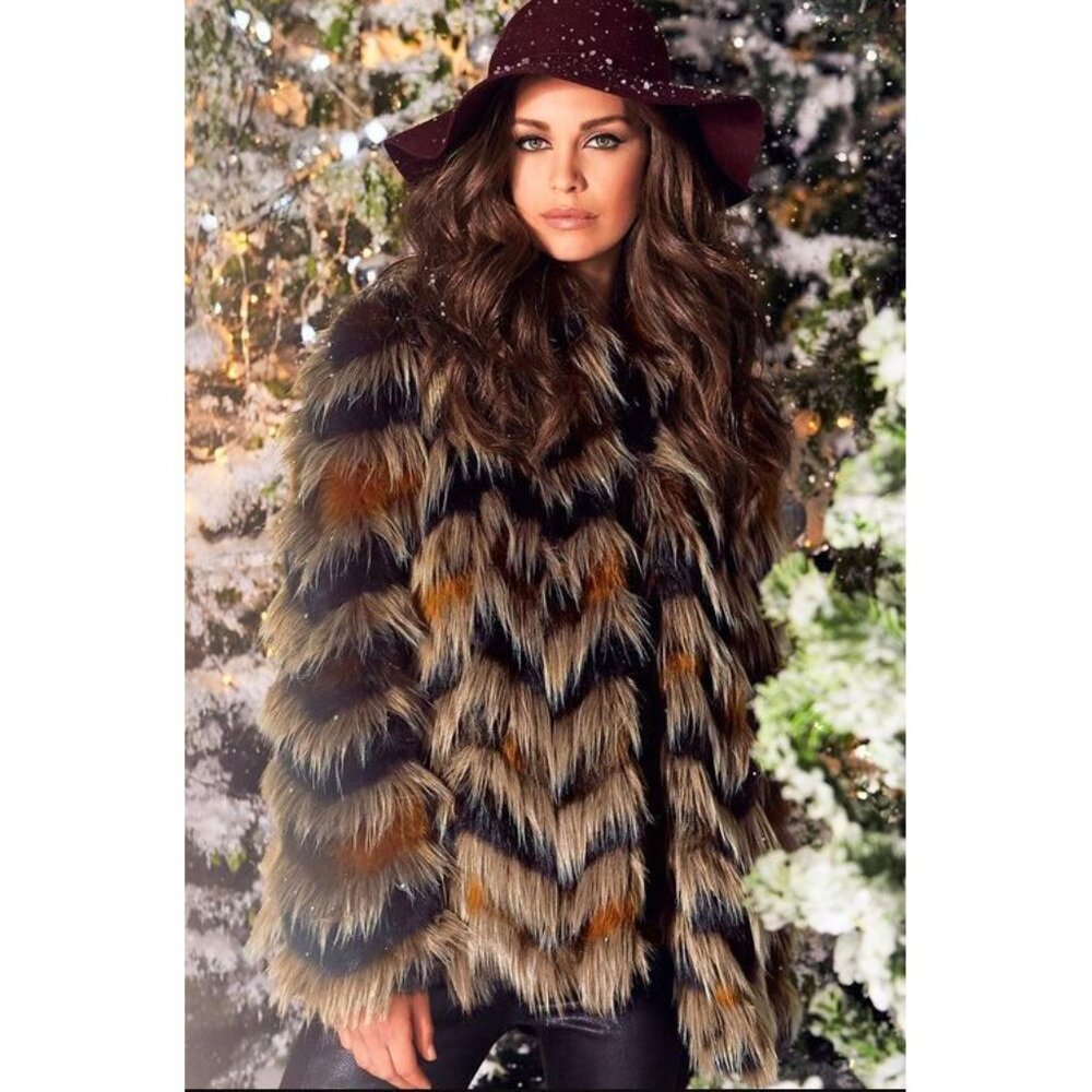 💋UBER GORGE!💋AMUSE SOCIETY 70s Boho Waylon Chevron Faux Fur Jacket in Multi